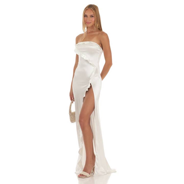 Lucy In The Sky – Großhandel Kleid – Damen – Trägerloses Satin-Maxikleid in Weiß2