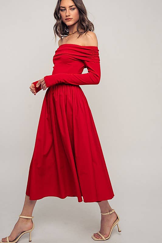 Urban Daizy - Wholesale Dress - Women's - Elegant Off Shoulder Ruched Long Sleeve Spring Midi Dress3