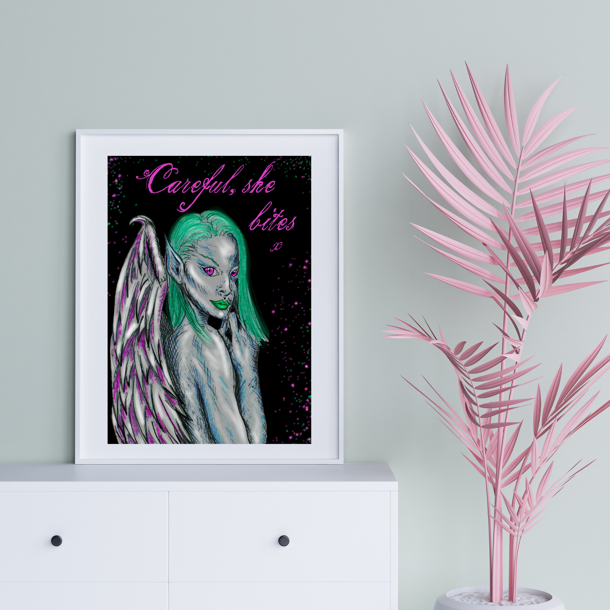 Hannah Kate Makes - Wholesale Art Print - Dark Angel Art Print - Careful She Bites - A5/A4  Pink/Green2
