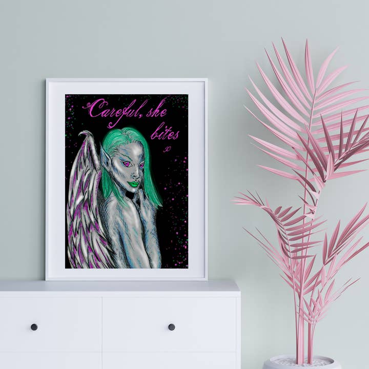 Hannah Kate Makes - Wholesale Art Print - Dark Angel Art Print - Careful She Bites - A5/A4 Pink/Green2