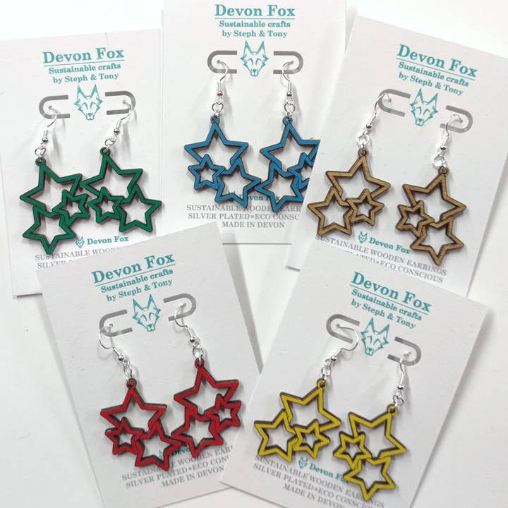 Wooden Star Earrings - Handmade in Devon for wholesale by Devon Fox