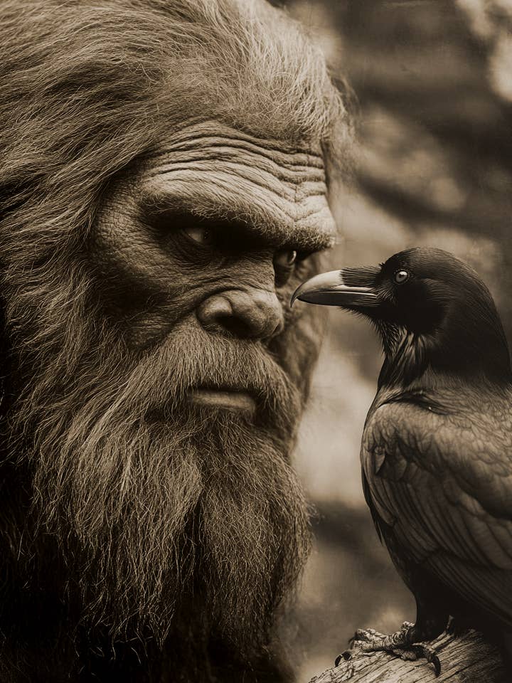 Face à face avec un corbeau - Impressions d'art Bigfoot – Œuvre 8″x10″ dans un passe-partout 11″x14″ pour la vente par Mowbi