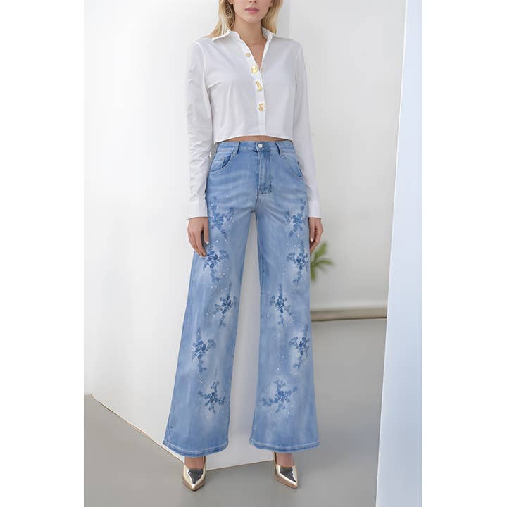 Jean brodé floral délavé clair X0188LP pour la vente par XHHH Inc