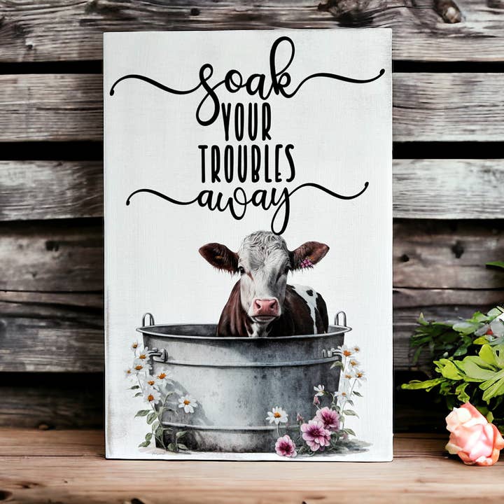 Soak Your Troubles Away - Rustic Country Bathroom Wood Sign for wholesale by Inkwood Crafters