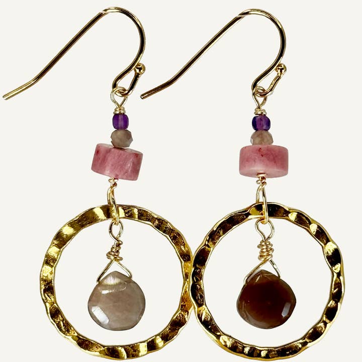 Textured hoop earrings with chocolate moonstone drops for wholesale by Silver Sparrow Jewelry