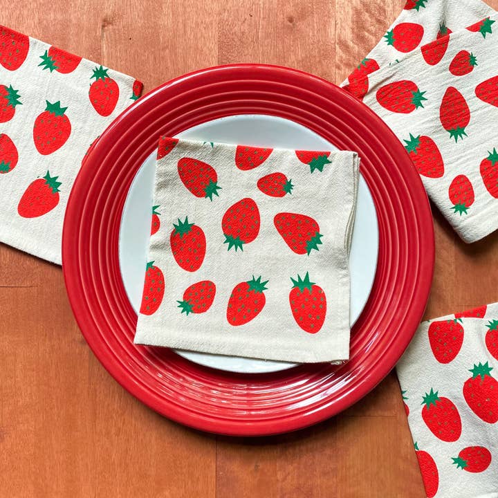 Red Strawberries Hand Printed Cotton Napkins, Set of 4 for wholesale by Bright Beige