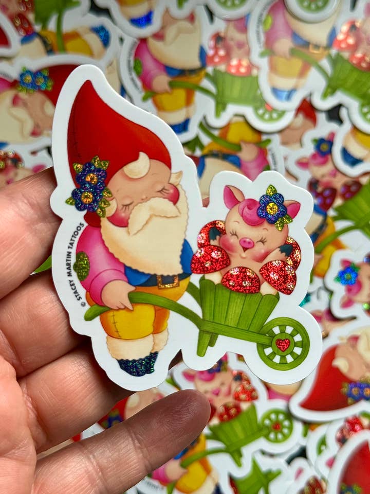 Klaus Gnomie Lucky Garden Gnome Kewpie Sticker for wholesale by Stacey Martin Tattoos