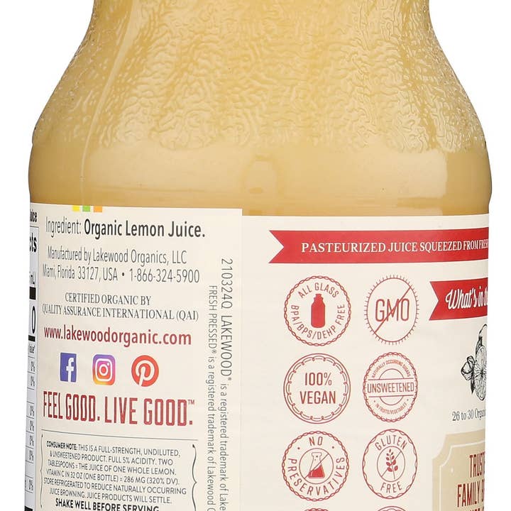 Everyday Supply Co - Wholesale Fruit Juice - LAKEWOOD JUICE PUR LEMON ORG - Case of 61