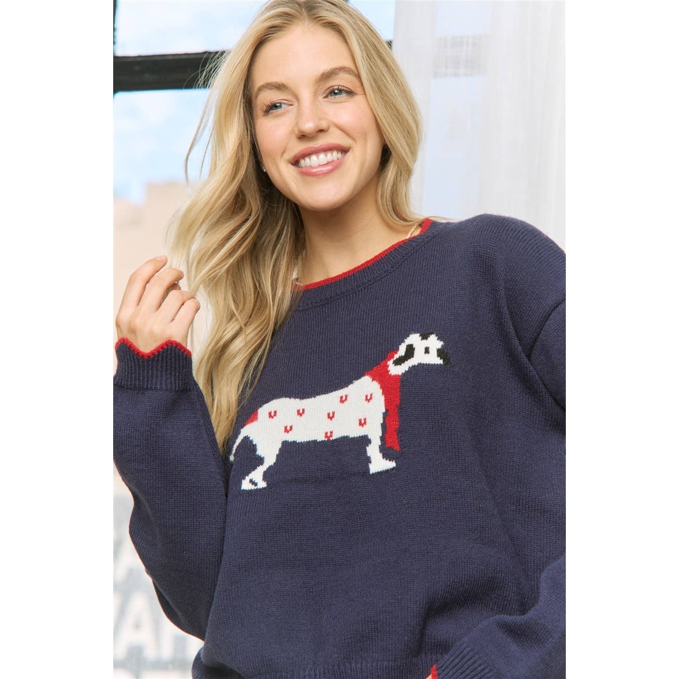 Navy Multi CHIC PUPPY JAQUARD SCALLOP EDGES SWEATER PULLOVER for wholesale on Faire2