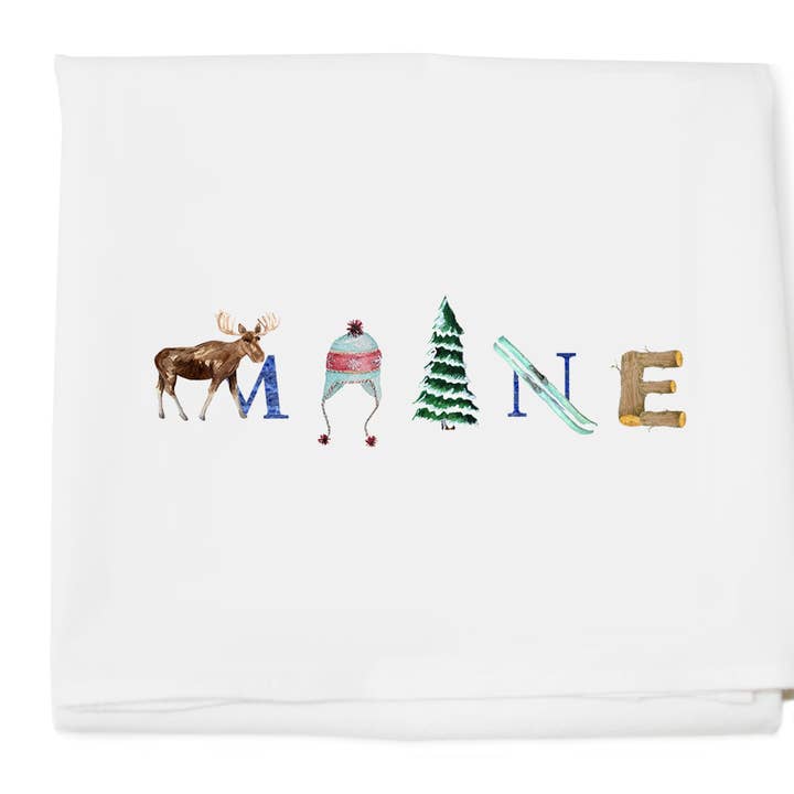 Maine Winter flour sack towel for wholesale by Tina Labadini Designs