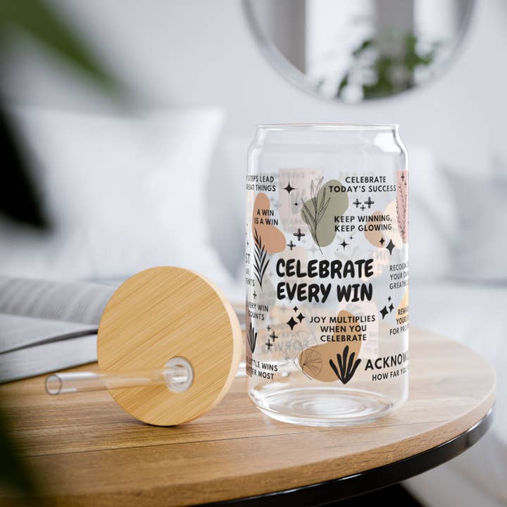 EMESLY - Wholesale Drinking Glass/Cup - Celebrate Every Win Motivational Sipper Glass Tumbler; 16oz