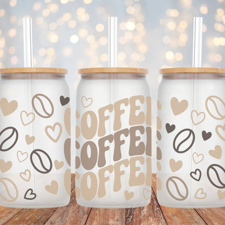 Coffee Bean & Hearts Becher aus mattiertem Glas für den Großhandel von The Potted Oasis