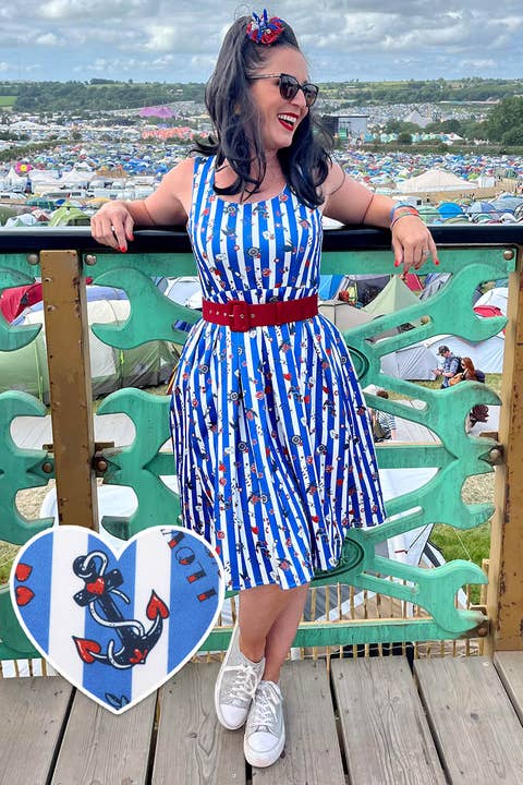 Amanda Swing Dress in Blue Striped Old-School Print for wholesale by Dolly & Dotty