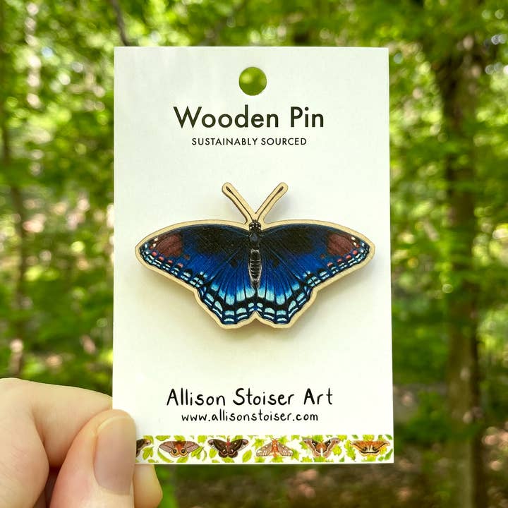Red-Spotted Purple Butterfly Wooden Pin (Sustainably Sourced) for wholesale by Allison Stoiser Art