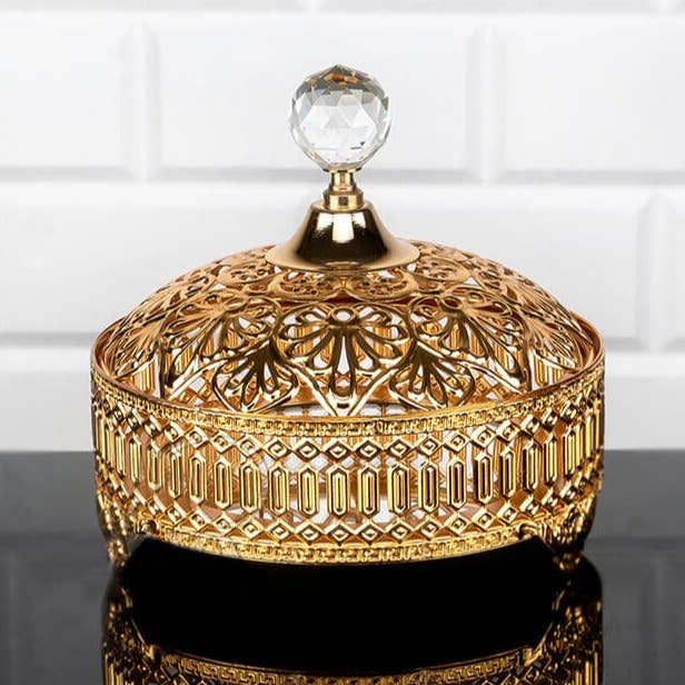 Hakan - Wholesale Decoratief bord/schotel/kom - Vintage snoepschaal met deksel en kristallen knop, 16 cm2