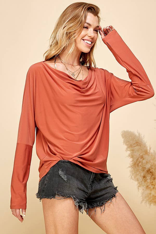 Rust SPT5142 - WOMEN WIDE V NECK SOLID LONG SLEEVE LOOSE TOP for wholesale on Faire