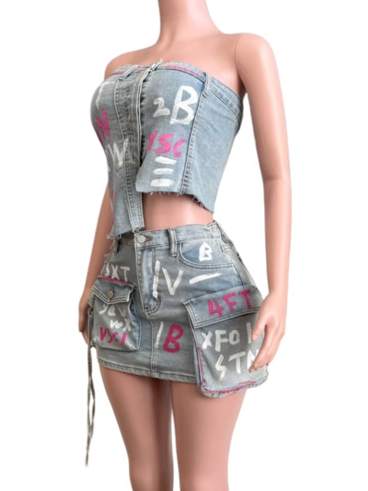 NEWGENS - Wholesale Activewear Set - Women's - NC2112A Denim Paint Sets Smocked Crop Top and Skirt2