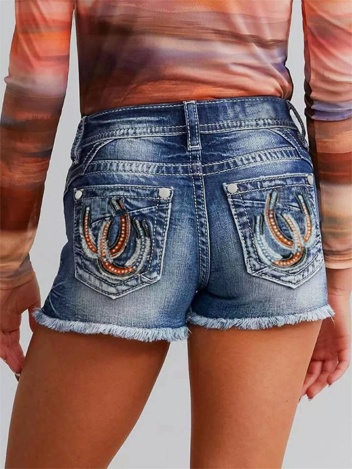 DarkBlue Horseshoe embroidered denim shorts for wholesale on Faire5