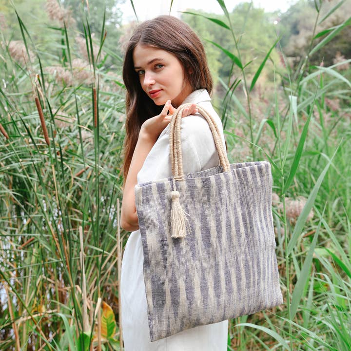 KORISSA - Wholesale Tote Bag - Women's - Handwoven Jute Bag • Nadi Jute Tote Bag - Blue