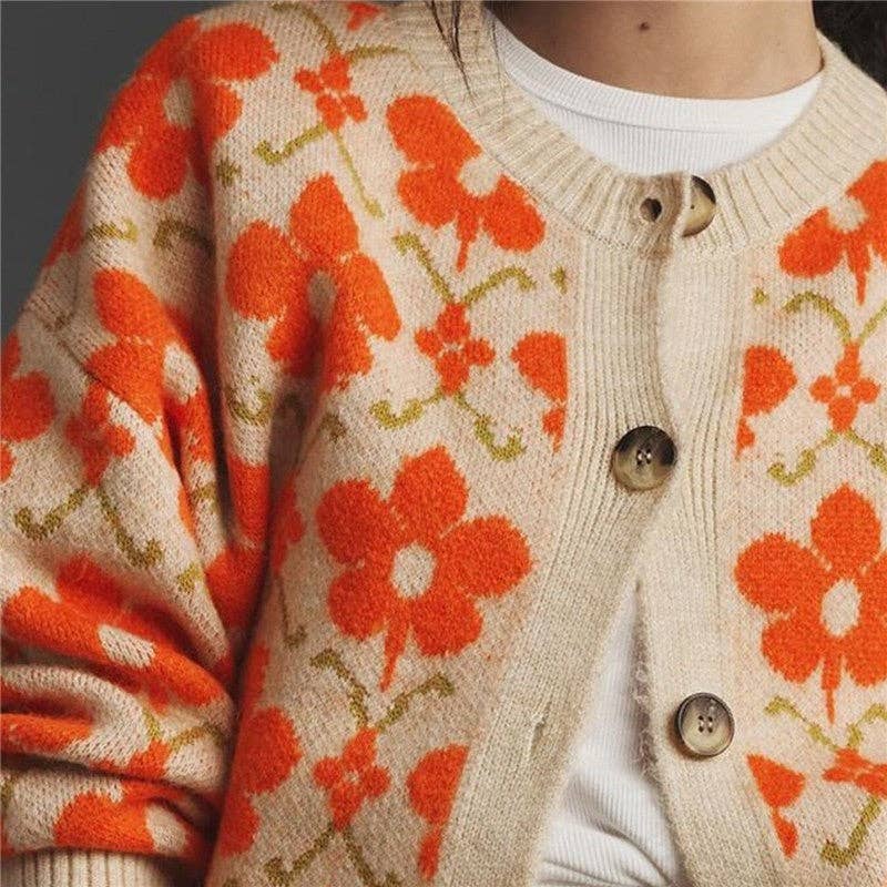 Apricot Floral Jacquard Round Neck Cardigan for wholesale on Faire2