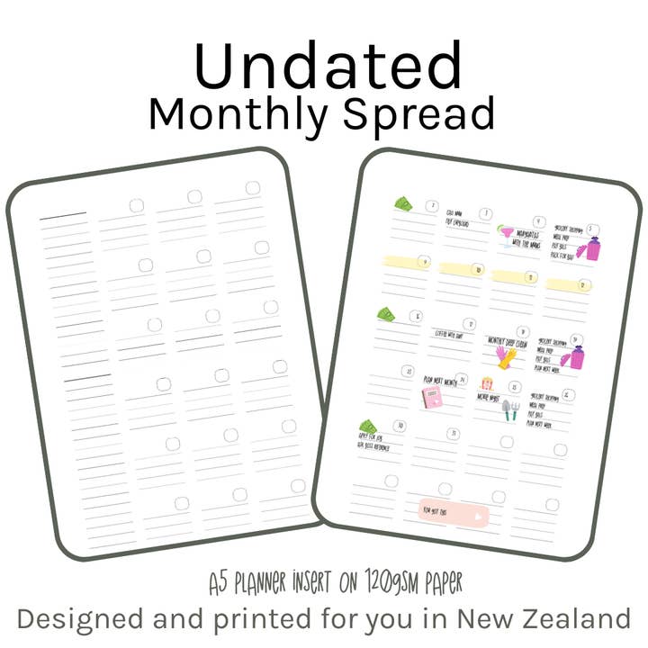 Losse Blad A5 Planner Inlays 120gsm | Ongedateerde Maandelijkse 2-Pagina Spreiding voor wholesale door Journal Junkies