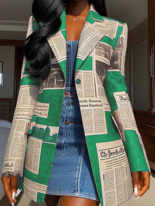 FurDecoration – Blazer - Mulher por atacado – Blazer de Manga Comprida Solto com Botões, Estampa de Jornal, Bolsos, Junta Dividida e Gola com Entalhe13