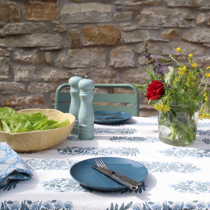 Rozablue - Wholesale Tablecloth - Handblockprinted tablecover XL Nightingale blue 160 x 340
