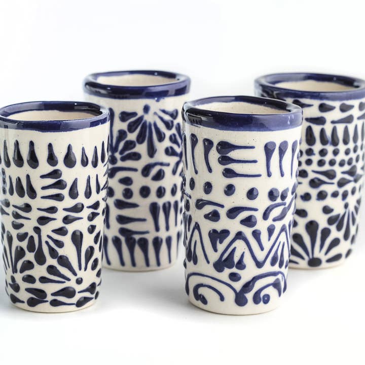 MEXTEQUIL Talavera Shot Glasses - Set of 4 - 2 Oz -Blue Lace for wholesale by MEXTEQUIL