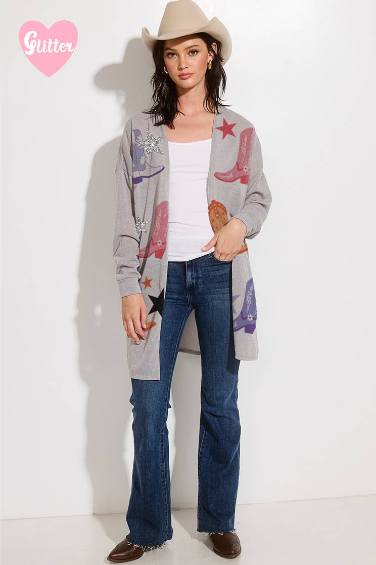 Phil Love - Vendita all'ingrosso Cardigan - Donna - Cardigan casual in maglia con stampa glitterata di stivali da cowgirl1