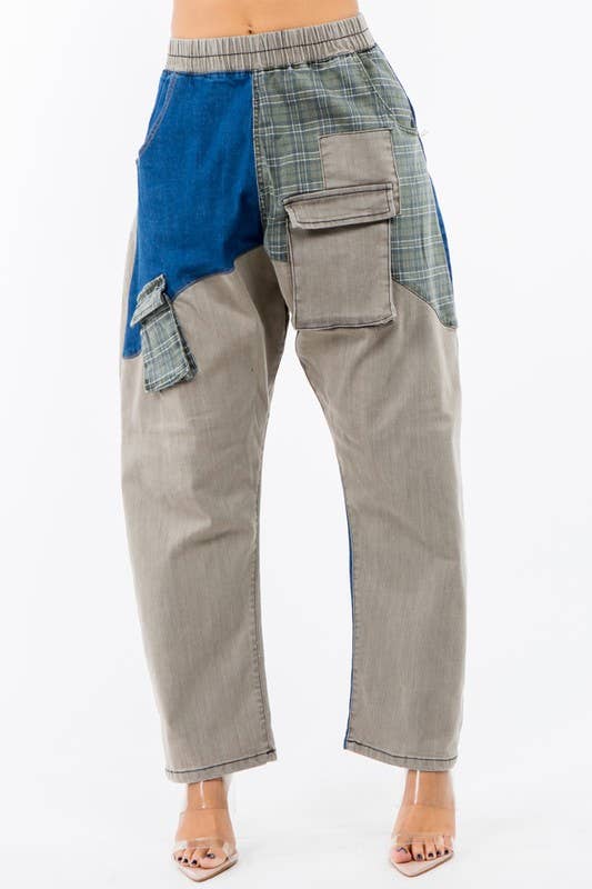 LABIJOU - Wholesale Broek - Dames - PD509 Broek - patchwork denim met geruite plaid en camo7