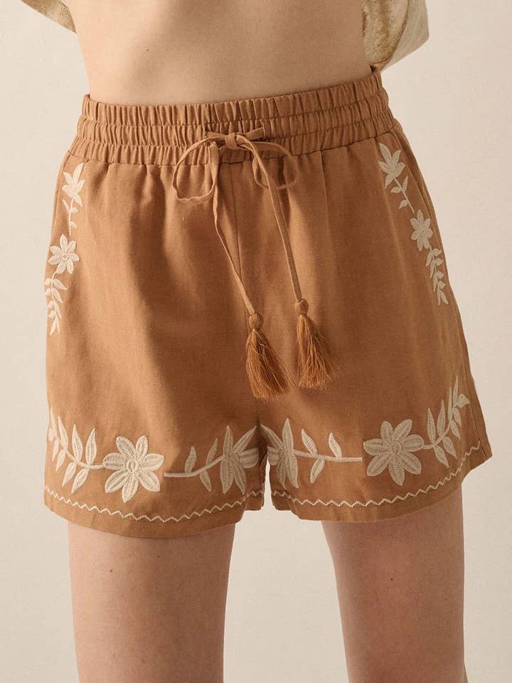 Khaki Embroidered Boho Tasseled Drawstring Elastic Waistband Casual shorts for wholesale by Lovesoft