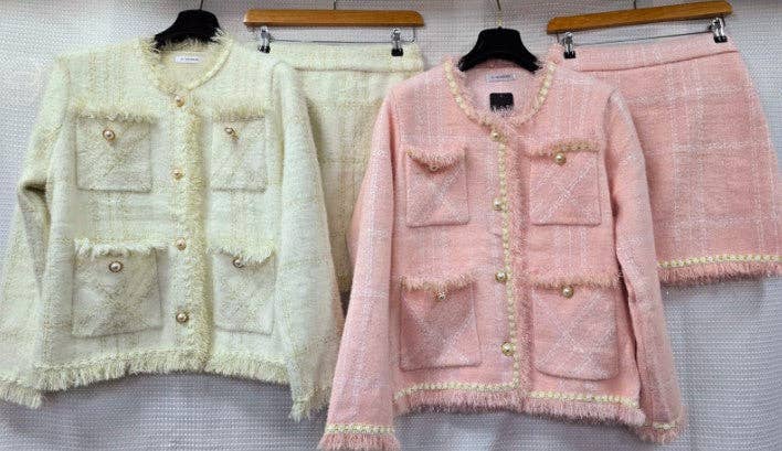 Kurt Muller – wholesale Top & skirt set – Women's – Boucle Pearl Ch Frayed Skirt Two Piece Coord Set2