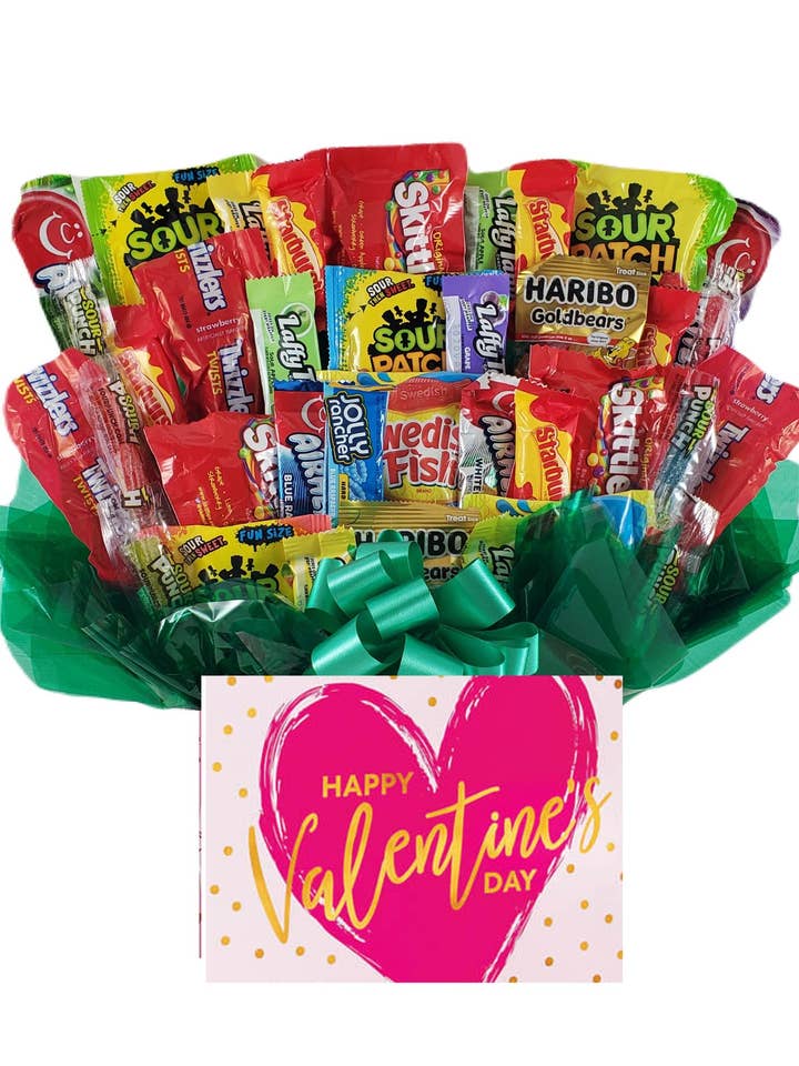 Sour Tart Taffy candy bouquet in Val Day Box (Large 36 pc) for wholesale by So Sweet of You