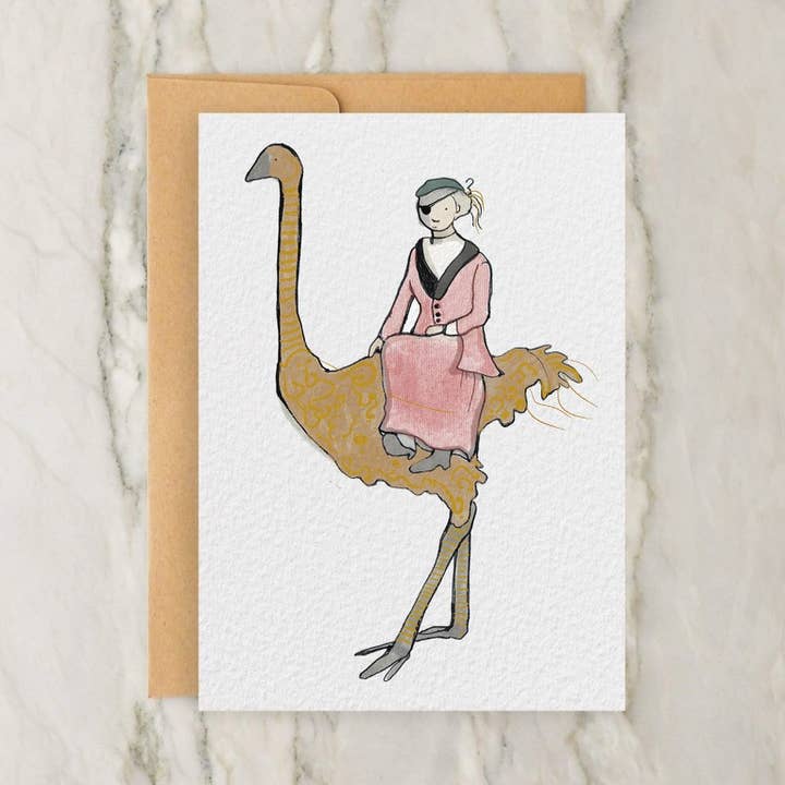 Cartão comemorativo de cavaleiro de avestruz 4x5" - estilo vintage/antigo por atacado de Hudson Illustration Co - About Town Co