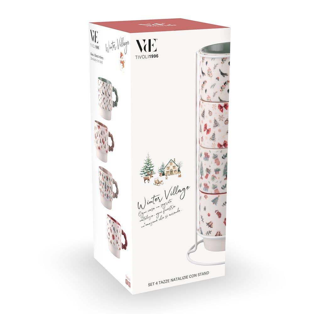 VdE Tivoli 1996 - Wholesale Drinking Glass/Cup - WINTER VILLAGE SET 4 MUGS WITH METAL STAND1