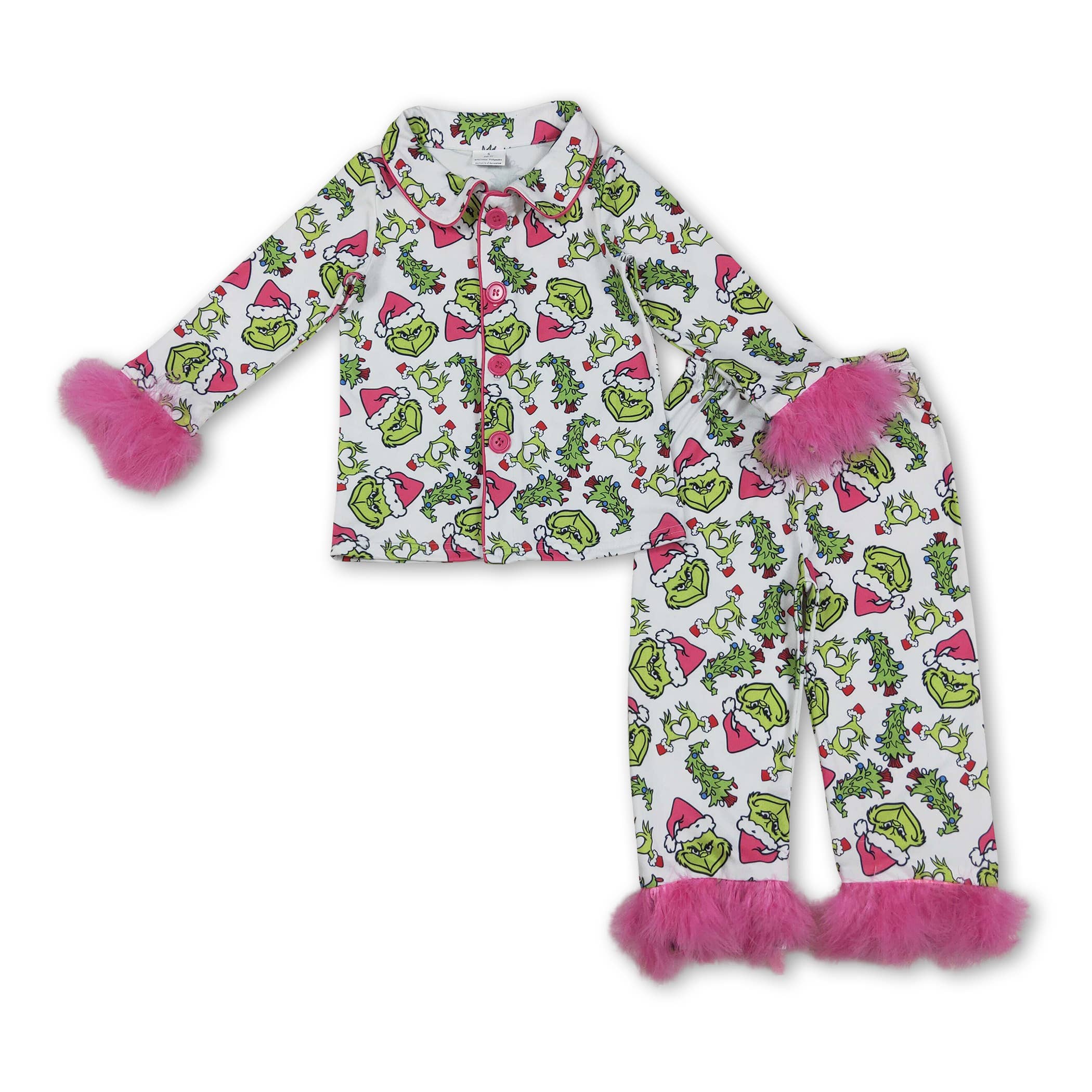 Yawoo Garments - Vente Haut et bas de pyjama – enfant - Pyjama boutonné en fourrure pour filles avec nœud en pain d'épice et sapin de Noël2