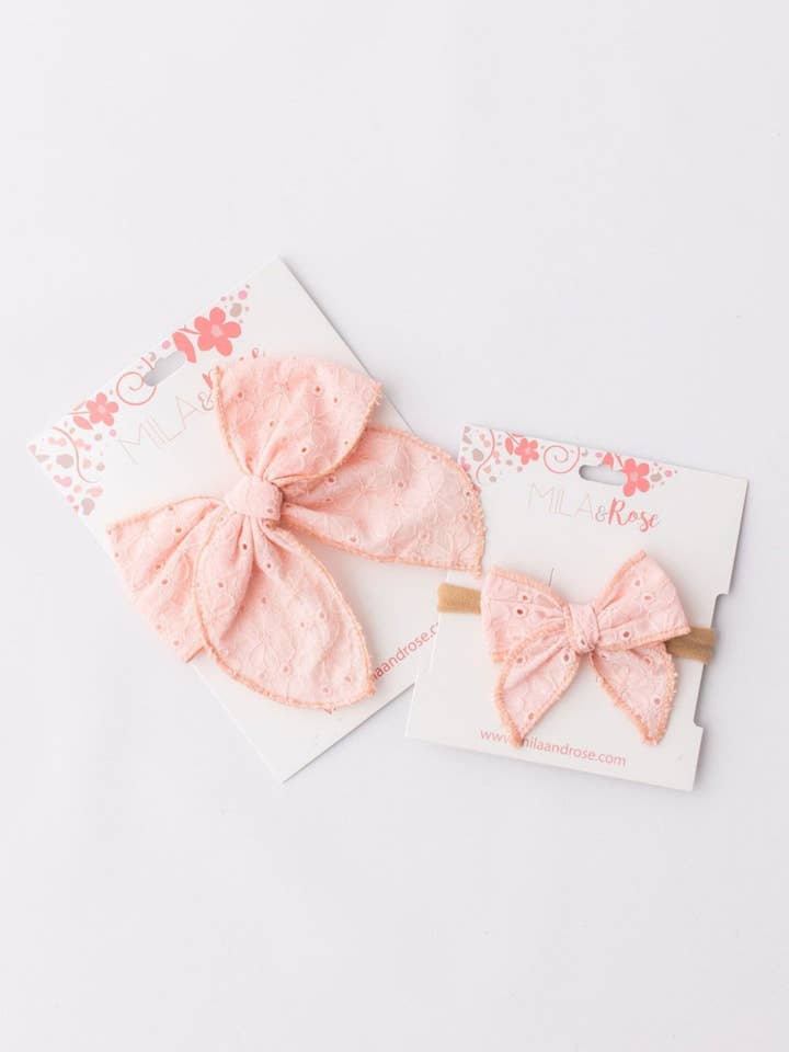 Classic Hair Bow - Petal Pink Eyelet for wholesale by Mila & Rose