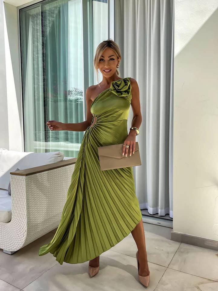 Asymmetrische Schouder Geplooide Jurk voor wholesale door Aria Romance