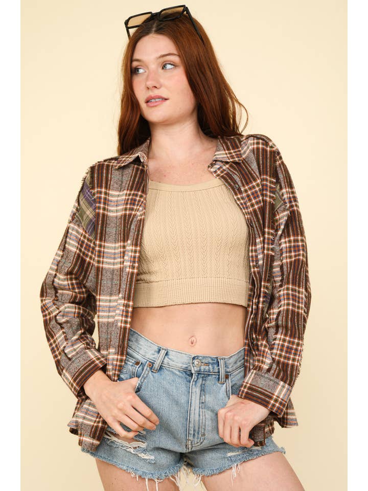 VERY J - Wholesale Button Down Shirt - Women's - NT11681-Contrast Plaid Detail Casual Shirt Top