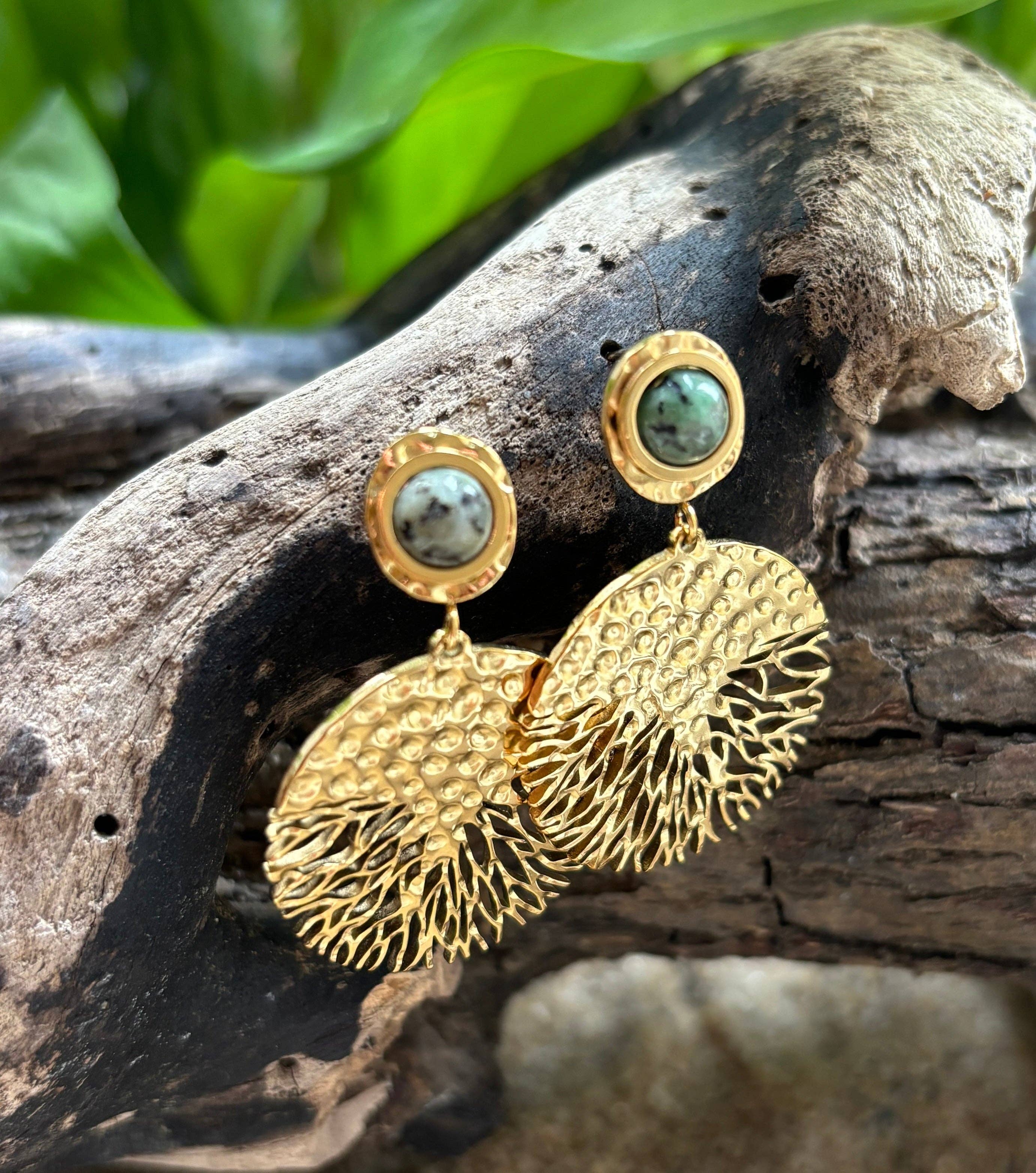 Ocean Ripples - Wholesale Dangle Earrings - 18ct Gold Plated African Turquoise Hammered Disc Earrings3