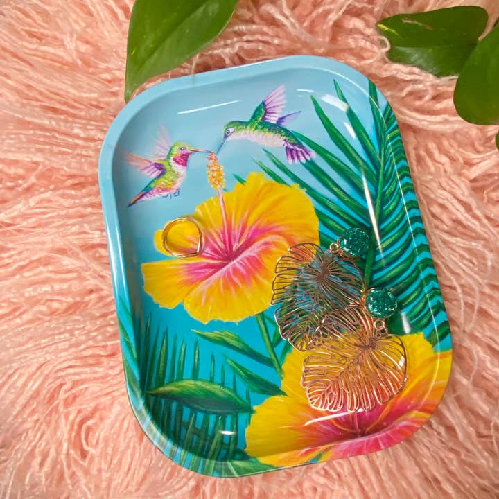 Hibiscus Hummingbirds Trinket Tray | Decorative Flower Tray for wholesale by Chelzart