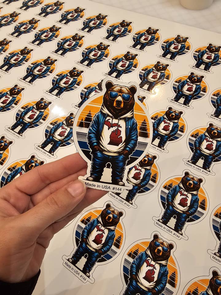 Michigan Bear with Sunglasses and Hoodie Sticker for wholesale by Big monkey