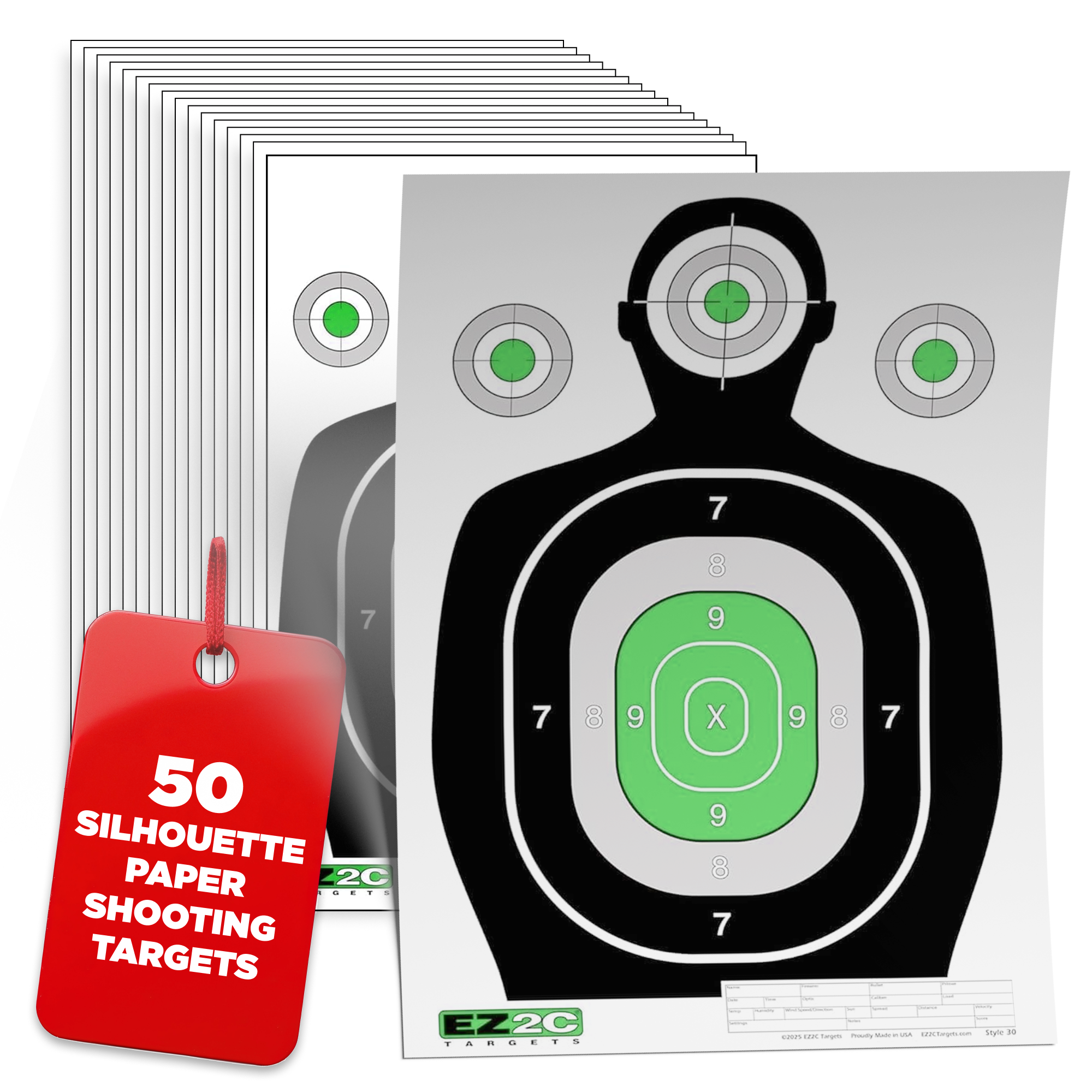 EZ2C Targets - Vente Accessoires de sport - Cible de tir silhouette verte EZ2C 12"x18", cibles en papier de qualité supérieure pour stand de tir, cadeaux pour armes à feu fabriqués aux États-Unis.1