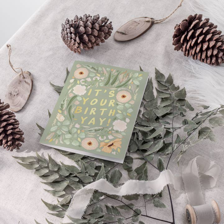 Wildwood Paper – wholesale Birthday card – It's Your Birth-Yay! Floral Green Gold Foil Birthday Card1