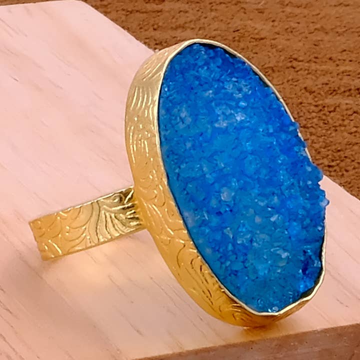 El Joyero - Wholesale Cocktail/Statement Ring - Oval Gold Plated Rings Blue Druzy Textured Adjustable Rings0