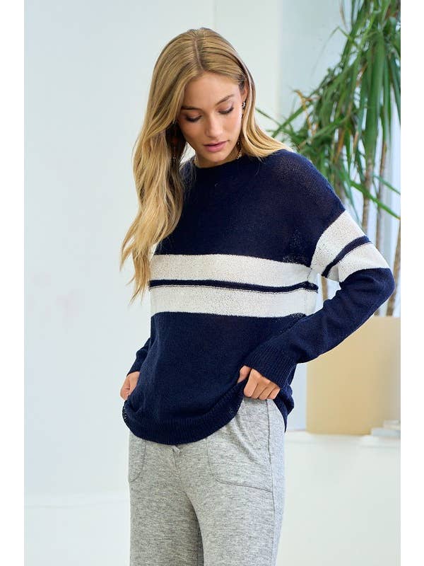 Doe and Rae - Wholesale Knit Sweater - Women's - Lightweight Knit Sweater With Big Stripe - 1602C
