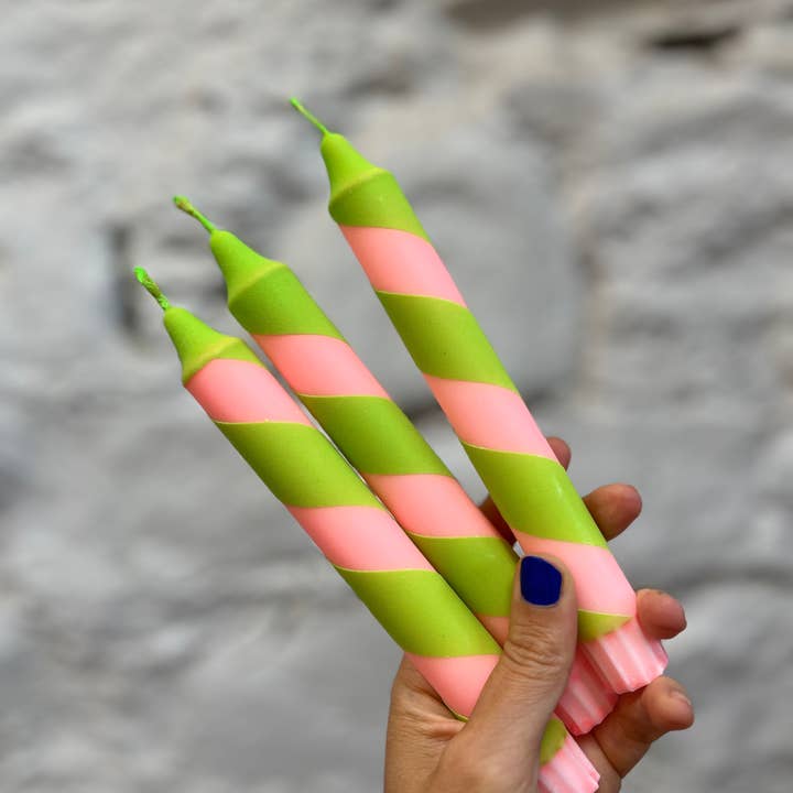 True North Chandlers - Candles - Wholesale Tapered Candle/Candlestick - Peach & Neon Green Helter Skelter Dinner Candle
