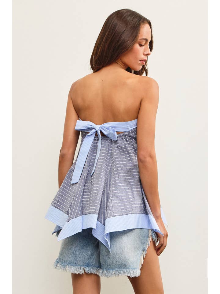 INDIGO TIED BACK ASYMMETRICAL TUBE TOP for wholesale on Faire