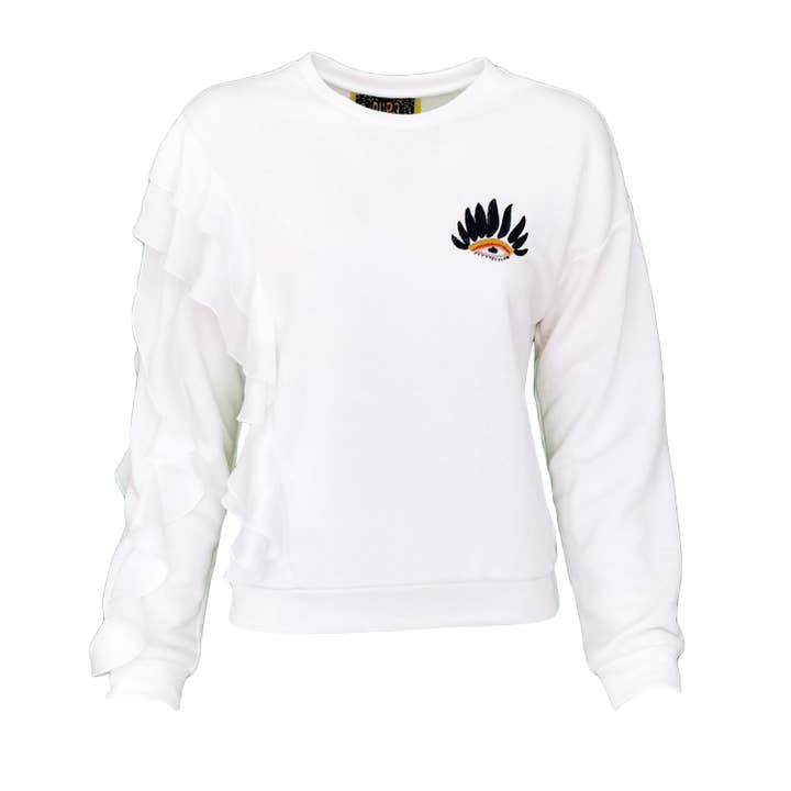 Sweat-shirt blanc avec détails volants et broderie des yeux pour la vente par Lalipop Design