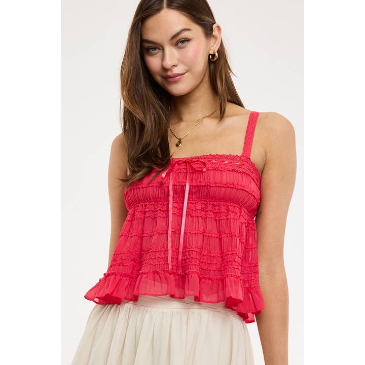 VIVID COLOR TIERED RUFFLE LACE CAMI CROP TOP for wholesale by Sky to Moon